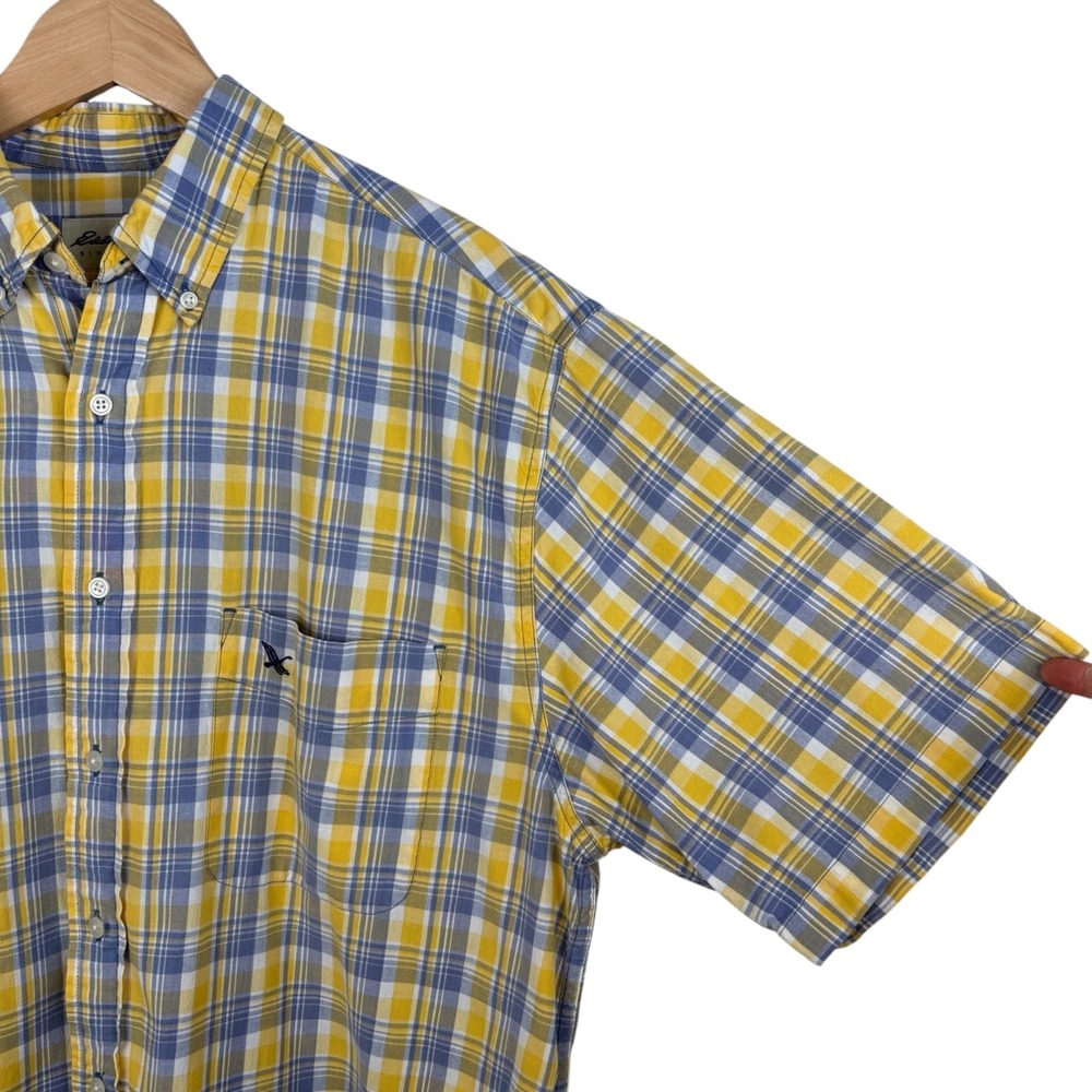 Vintage 90s Eddie Bauer Yellow Blue Plaid Short Sleeve Shirt Cotton Preppy Sz L - Picture 3 of 7